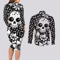 Skull Couples Matching Long Sleeve Bodycon Dress and Long Sleeve Button Shirts Cute Skull Fun and Floral - Wonder Print Shop