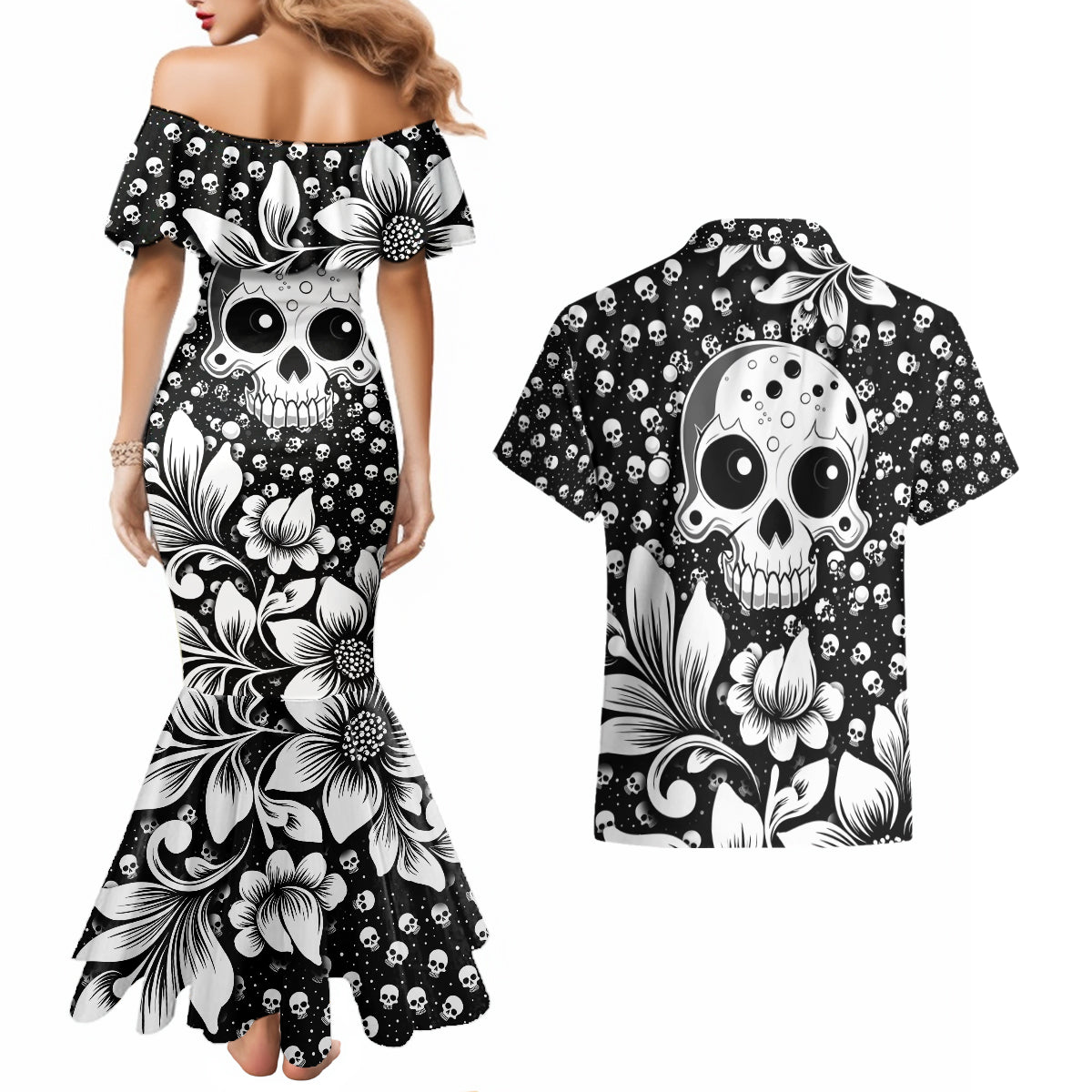 Skull Couples Matching Mermaid Dress and Hawaiian Shirt Cute Skull Fun and Floral - Wonder Print Shop