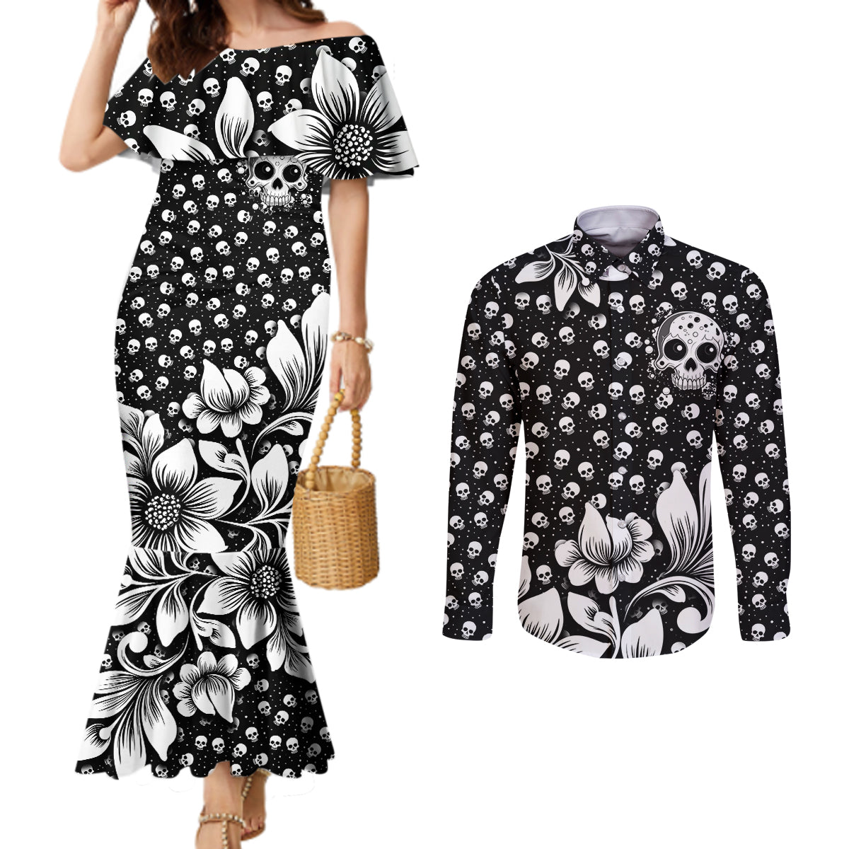 skull-couples-matching-mermaid-dress-and-long-sleeve-button-shirts-cute-skull-fun-and-floral