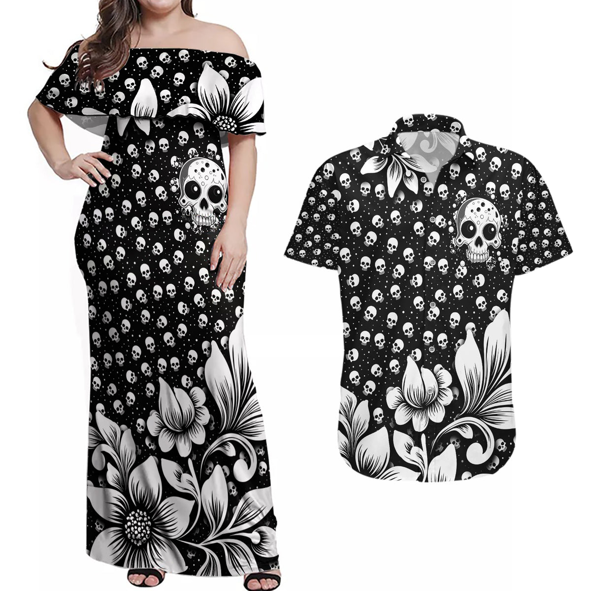 Skull Couples Matching Off Shoulder Maxi Dress and Hawaiian Shirt Cute Skull Fun and Floral - Wonder Print Shop