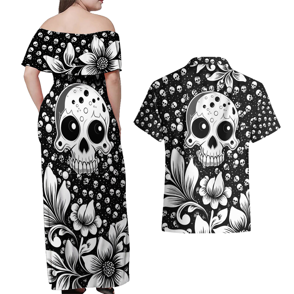 Skull Couples Matching Off Shoulder Maxi Dress and Hawaiian Shirt Cute Skull Fun and Floral - Wonder Print Shop