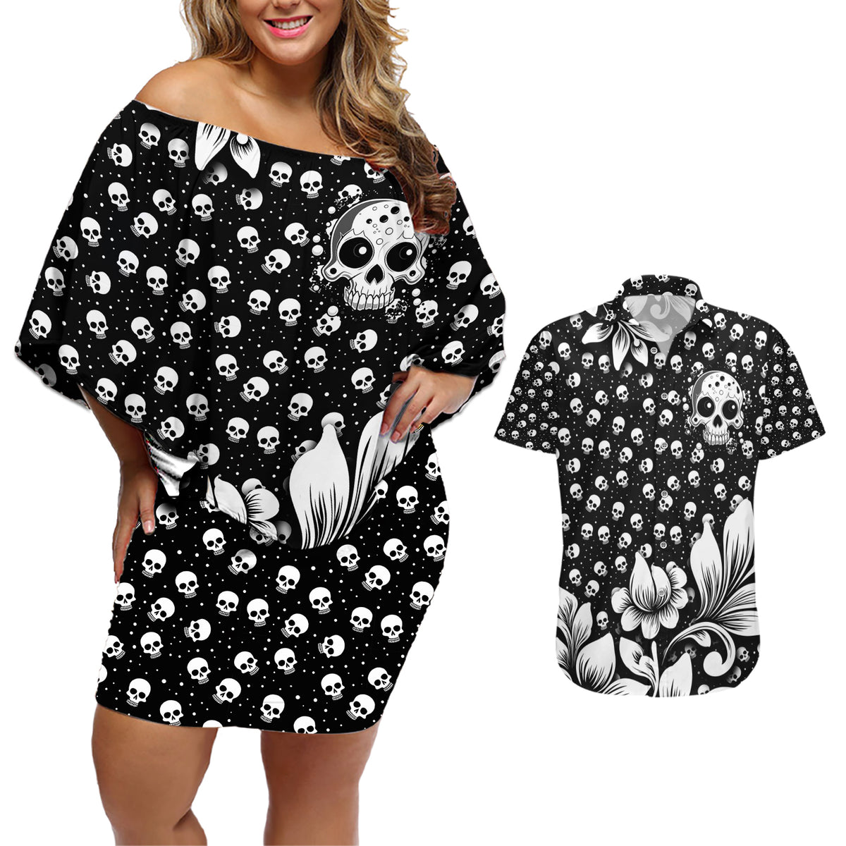 Skull Couples Matching Off Shoulder Short Dress and Hawaiian Shirt Cute Skull Fun and Floral - Wonder Print Shop
