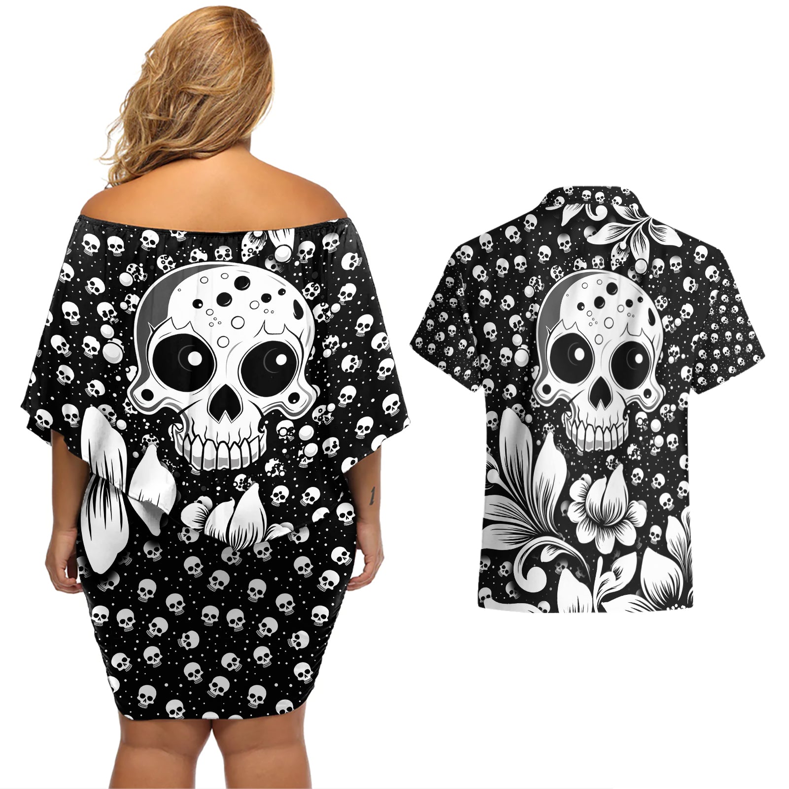 Skull Couples Matching Off Shoulder Short Dress and Hawaiian Shirt Cute Skull Fun and Floral - Wonder Print Shop