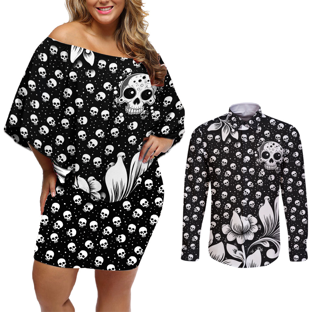 Skull Couples Matching Off Shoulder Short Dress and Long Sleeve Button Shirts Cute Skull Fun and Floral - Wonder Print Shop