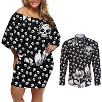 Skull Couples Matching Off Shoulder Short Dress and Long Sleeve Button Shirts Cute Skull Fun and Floral - Wonder Print Shop