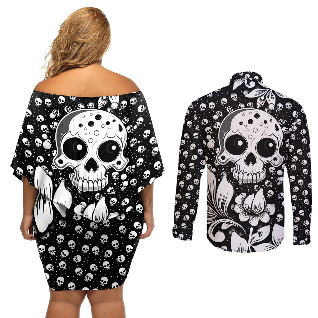 Skull Couples Matching Off Shoulder Short Dress and Long Sleeve Button Shirts Cute Skull Fun and Floral - Wonder Print Shop