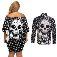 Skull Couples Matching Off Shoulder Short Dress and Long Sleeve Button Shirts Cute Skull Fun and Floral - Wonder Print Shop