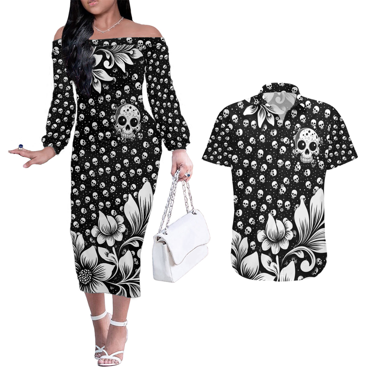 Skull Couples Matching Off The Shoulder Long Sleeve Dress and Hawaiian Shirt Cute Skull Fun and Floral - Wonder Print Shop