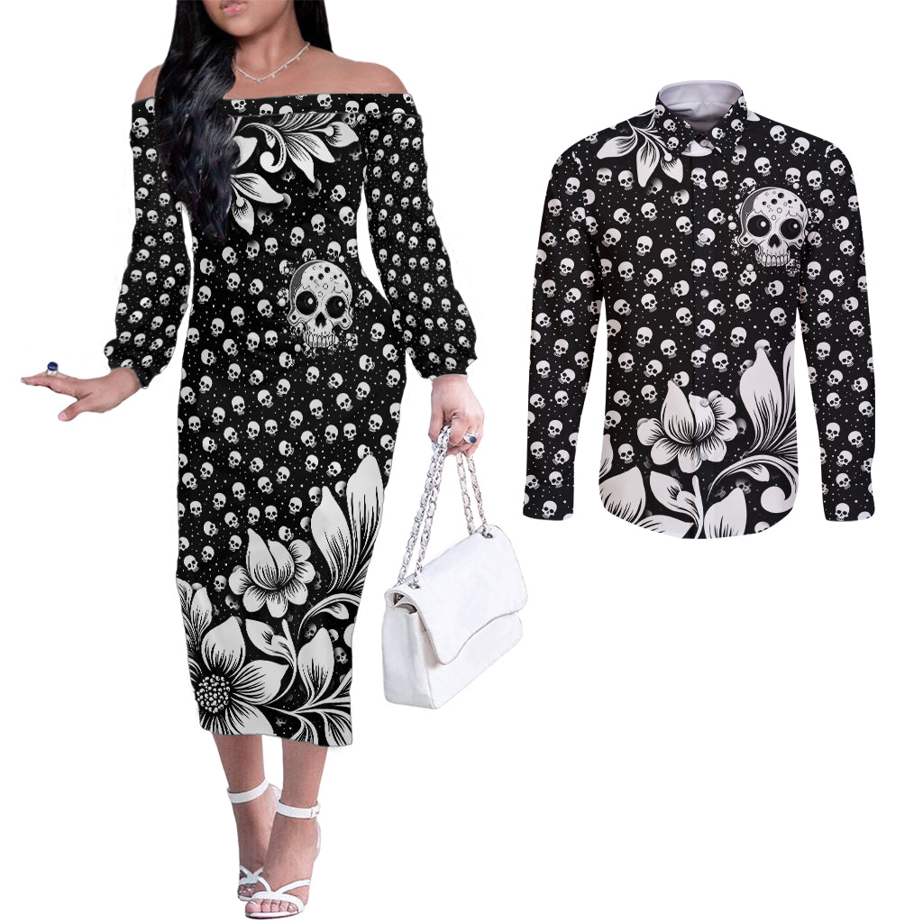 skull-couples-matching-off-the-shoulder-long-sleeve-dress-and-long-sleeve-button-shirts-cute-skull-fun-and-floral