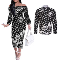 skull-couples-matching-off-the-shoulder-long-sleeve-dress-and-long-sleeve-button-shirts-cute-skull-fun-and-floral