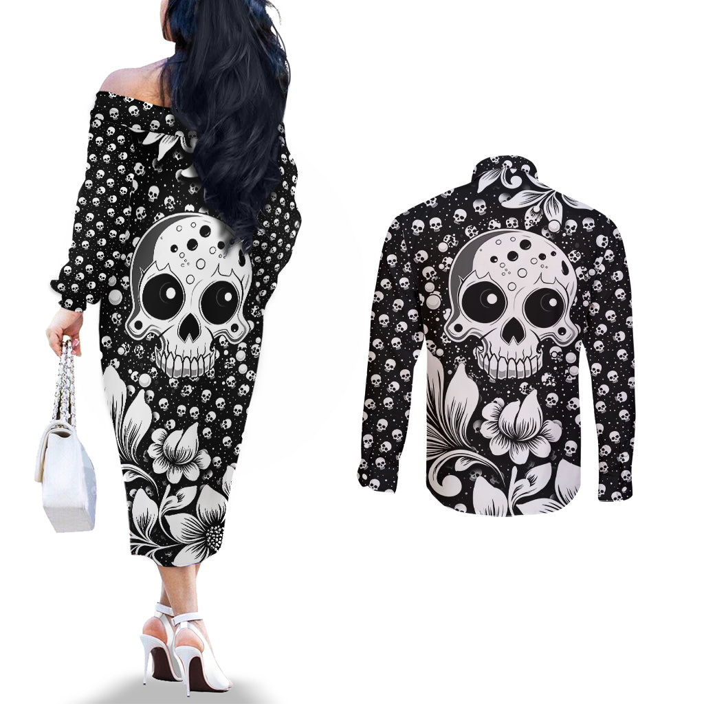 skull-couples-matching-off-the-shoulder-long-sleeve-dress-and-long-sleeve-button-shirts-cute-skull-fun-and-floral