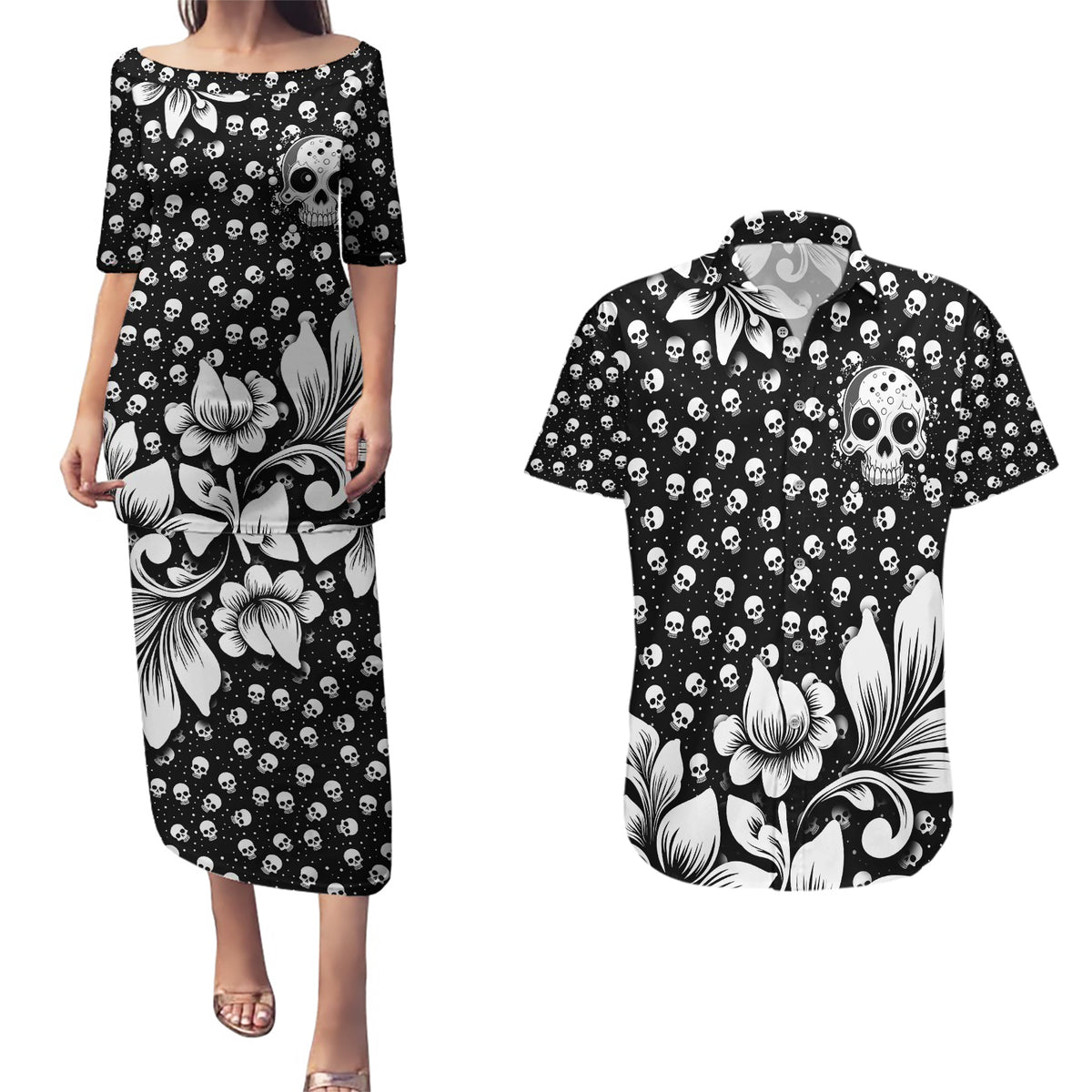 Skull Couples Matching Puletasi Dress and Hawaiian Shirt Cute Skull Fun and Floral - Wonder Print Shop