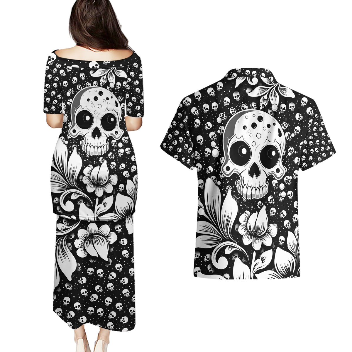 Skull Couples Matching Puletasi Dress and Hawaiian Shirt Cute Skull Fun and Floral - Wonder Print Shop