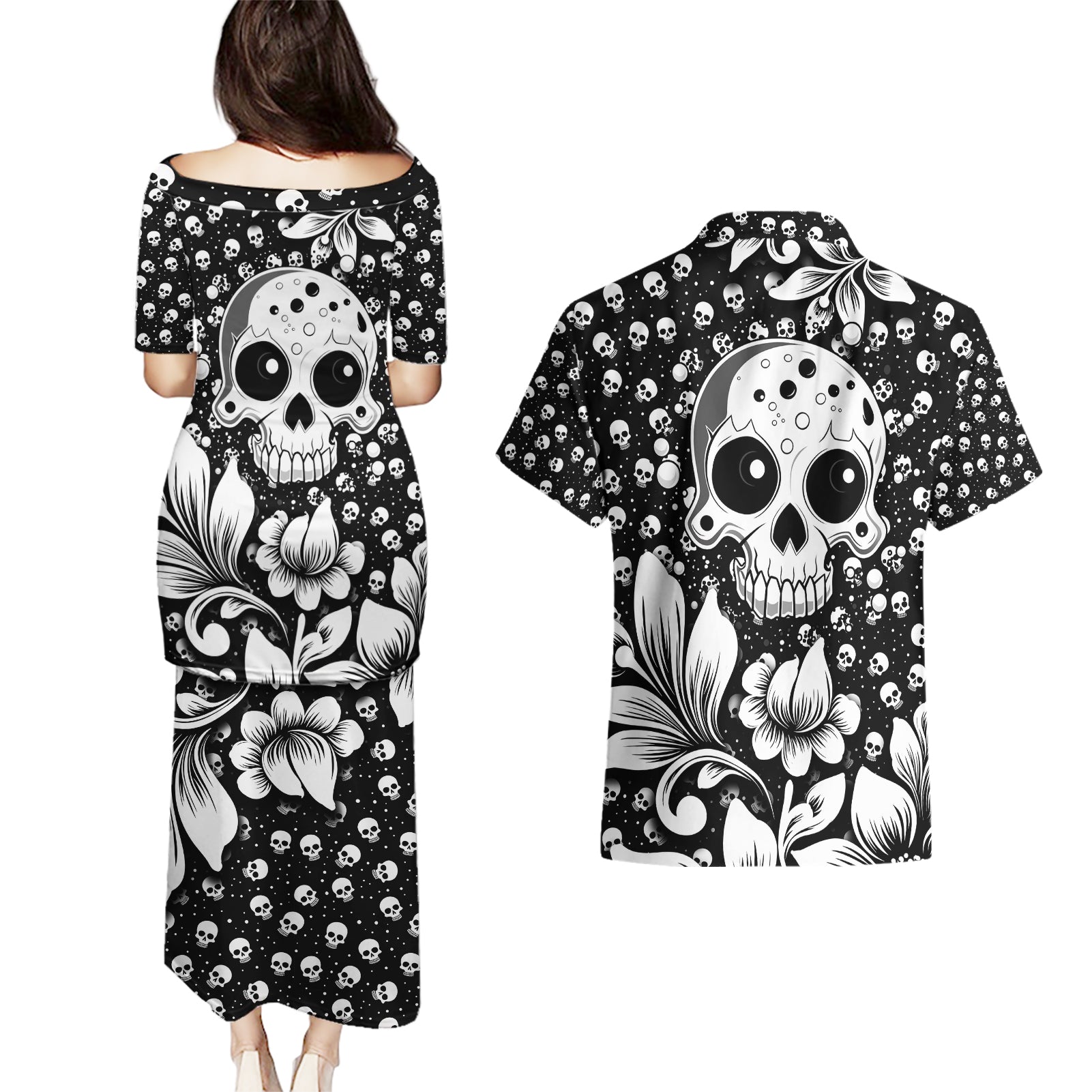 Skull Couples Matching Puletasi Dress and Hawaiian Shirt Cute Skull Fun and Floral - Wonder Print Shop