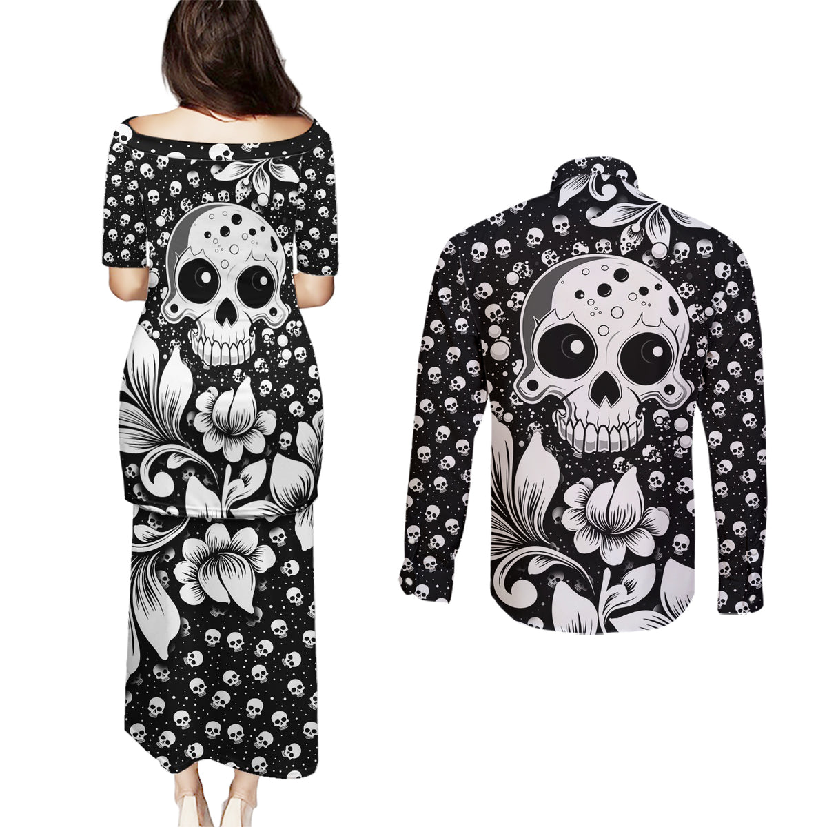 Skull Couples Matching Puletasi Dress and Long Sleeve Button Shirts Cute Skull Fun and Floral - Wonder Print Shop