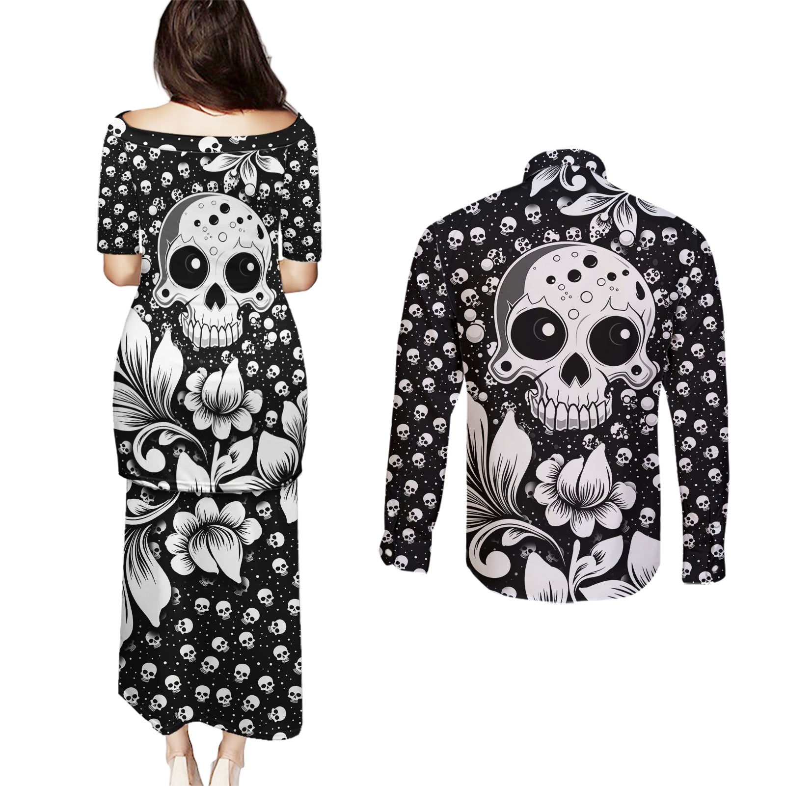 Skull Couples Matching Puletasi Dress and Long Sleeve Button Shirts Cute Skull Fun and Floral - Wonder Print Shop