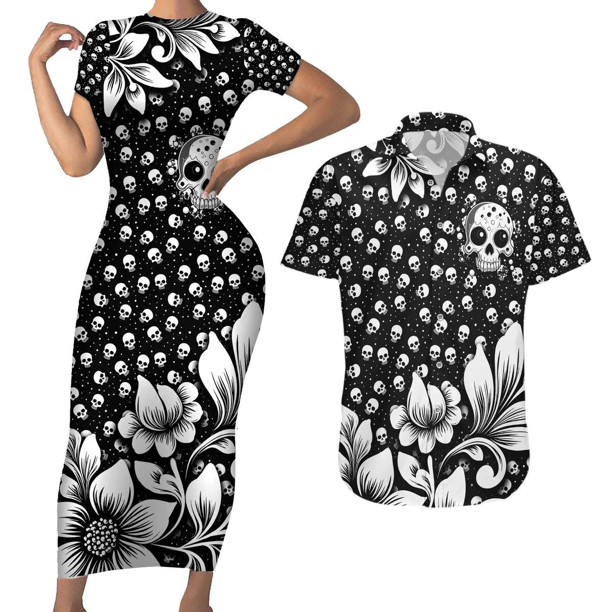 Skull Couples Matching Short Sleeve Bodycon Dress and Hawaiian Shirt Cute Skull Fun and Floral - Wonder Print Shop