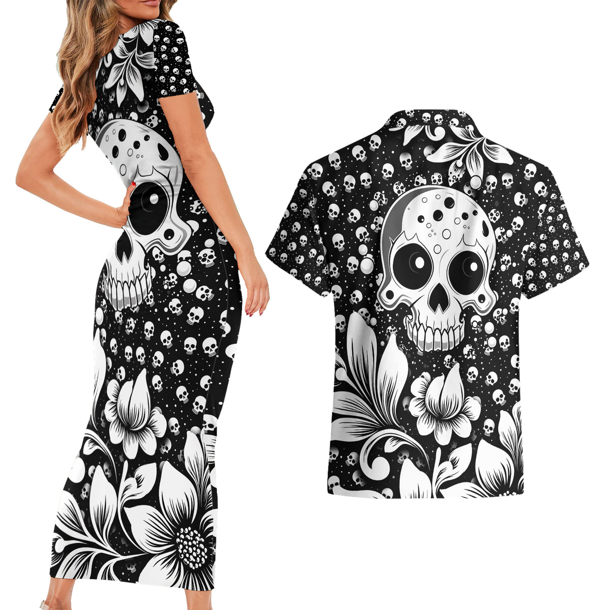 Skull Couples Matching Short Sleeve Bodycon Dress and Hawaiian Shirt Cute Skull Fun and Floral - Wonder Print Shop