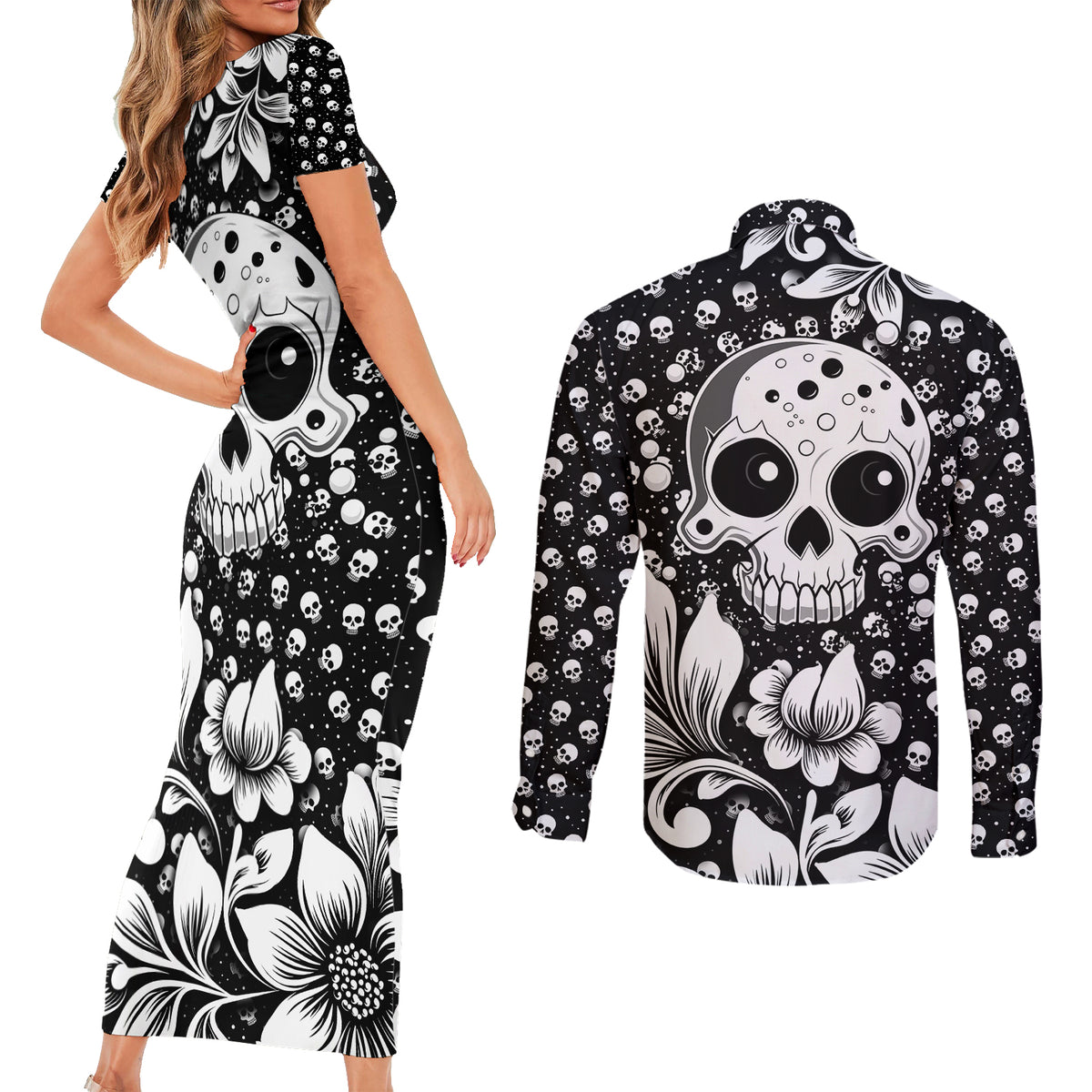 Skull Couples Matching Short Sleeve Bodycon Dress and Long Sleeve Button Shirts Cute Skull Fun and Floral - Wonder Print Shop