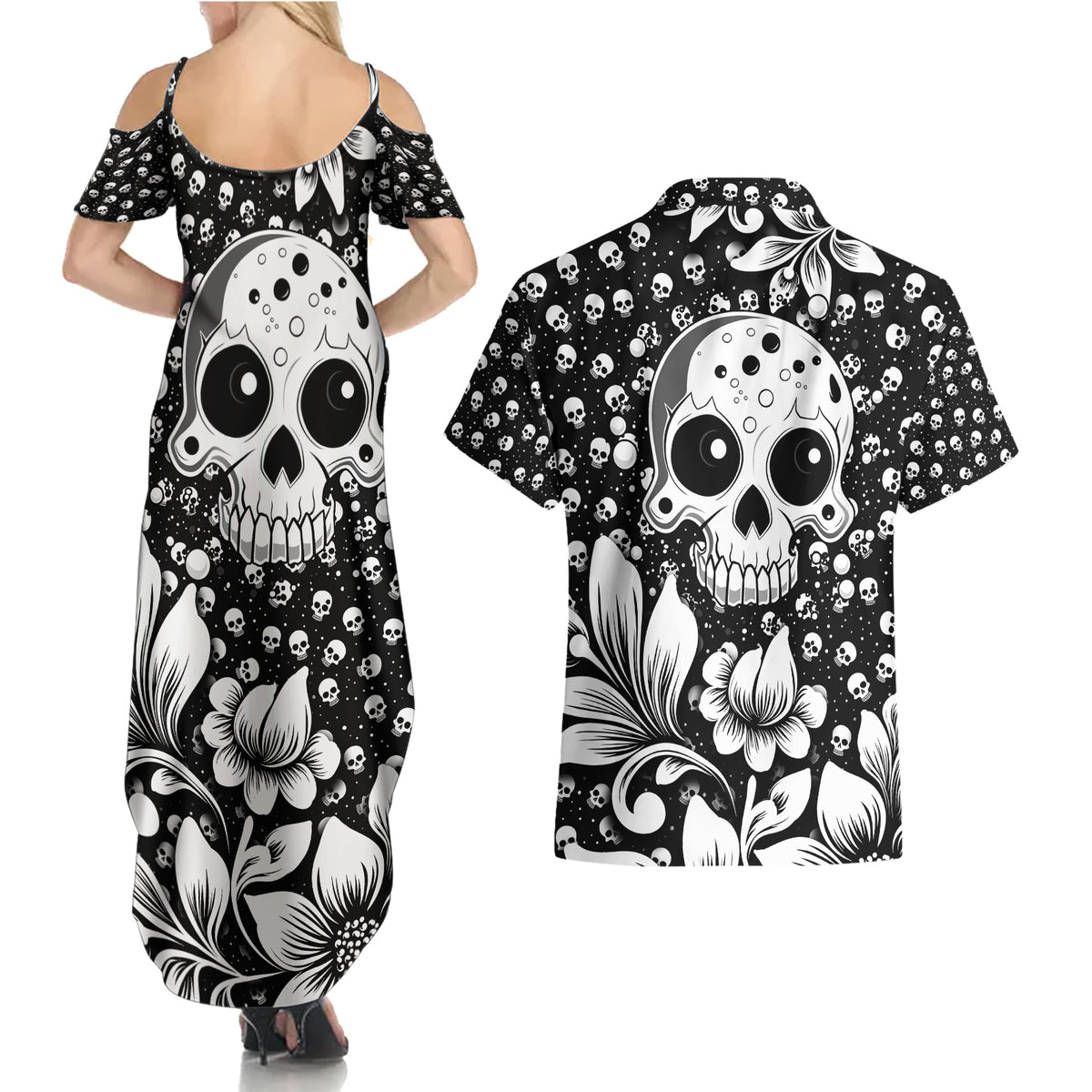 Skull Couples Matching Summer Maxi Dress and Hawaiian Shirt Cute Skull Fun and Floral - Wonder Print Shop