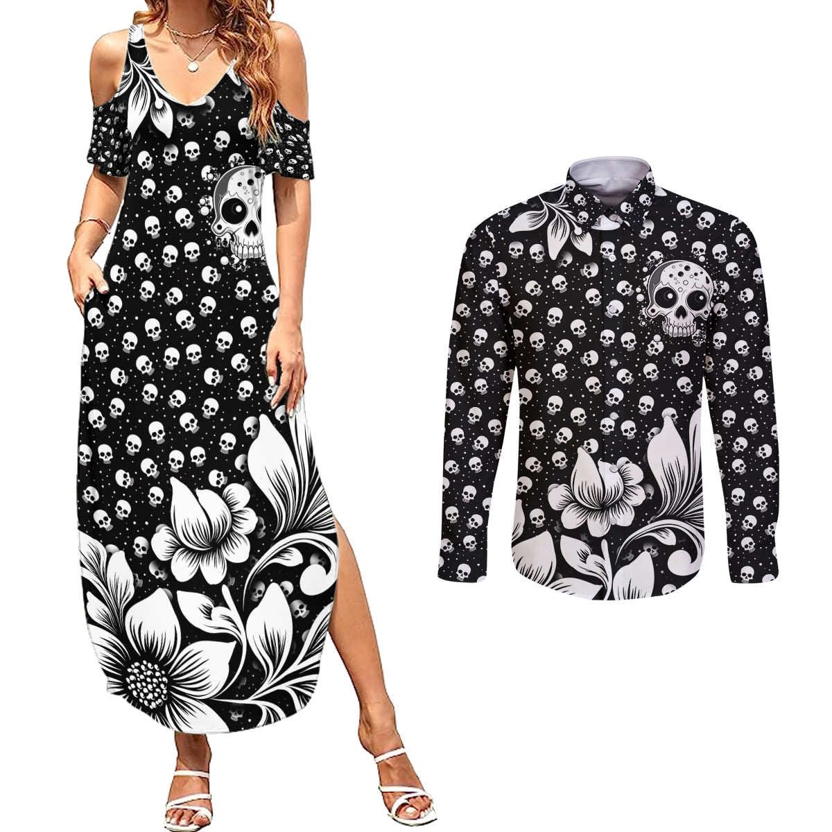 Skull Couples Matching Summer Maxi Dress and Long Sleeve Button Shirts Cute Skull Fun and Floral - Wonder Print Shop