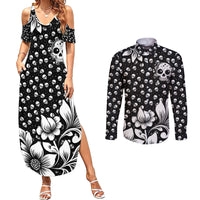 Skull Couples Matching Summer Maxi Dress and Long Sleeve Button Shirts Cute Skull Fun and Floral - Wonder Print Shop