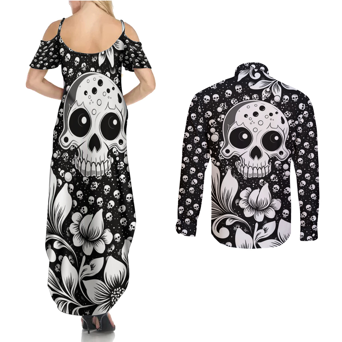 Skull Couples Matching Summer Maxi Dress and Long Sleeve Button Shirts Cute Skull Fun and Floral - Wonder Print Shop