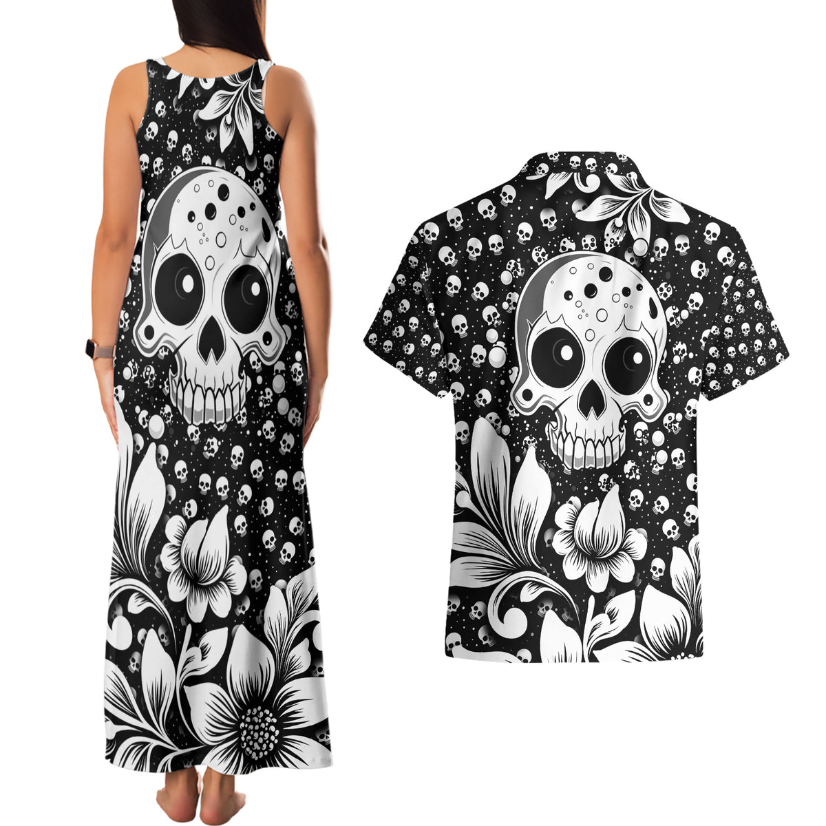 Skull Couples Matching Tank Maxi Dress and Hawaiian Shirt Cute Skull Fun and Floral - Wonder Print Shop