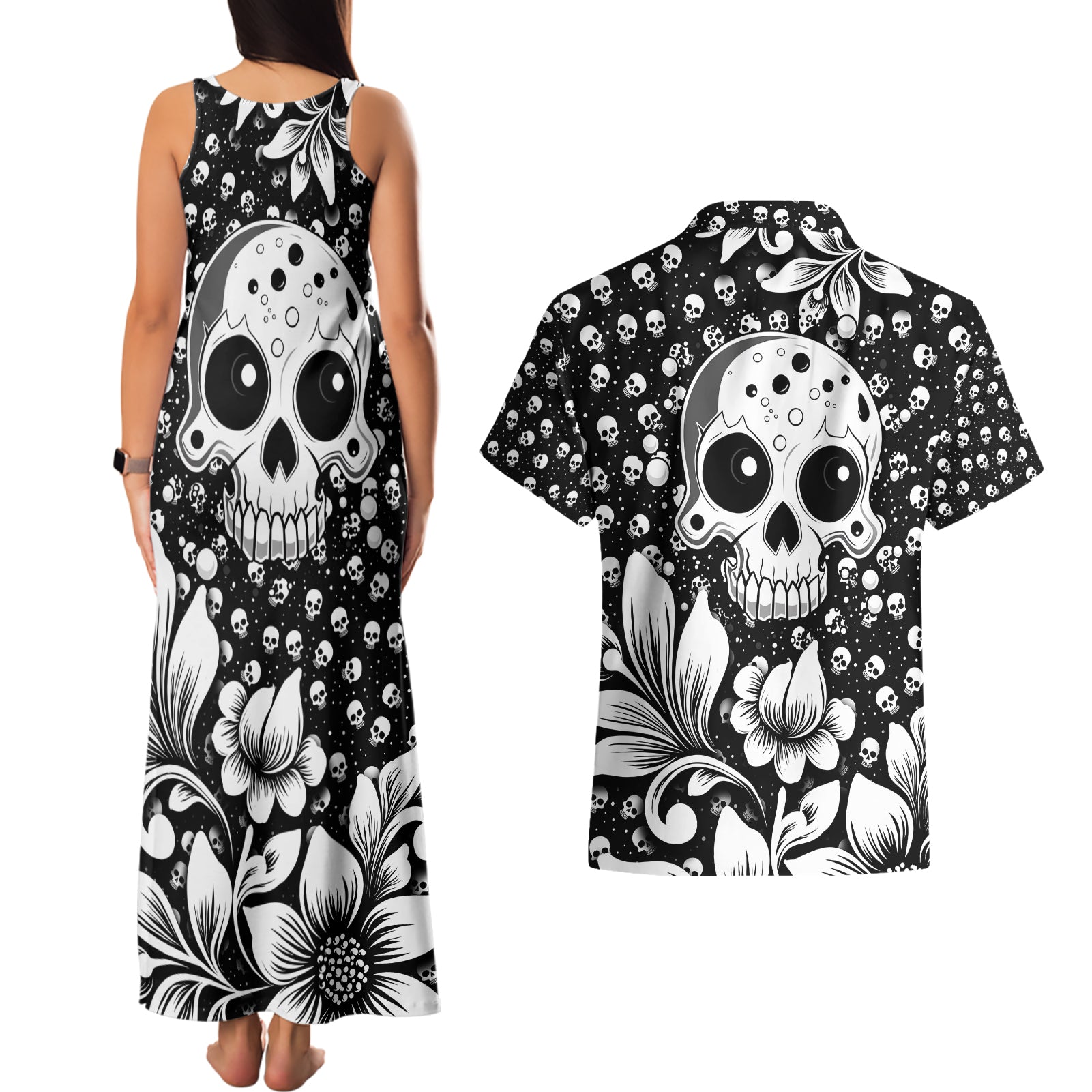 Skull Couples Matching Tank Maxi Dress and Hawaiian Shirt Cute Skull Fun and Floral - Wonder Print Shop