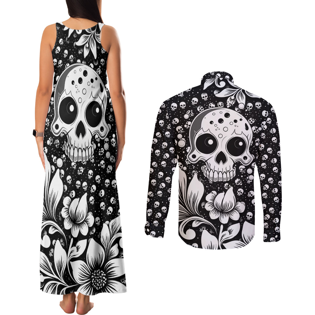 Skull Couples Matching Tank Maxi Dress and Long Sleeve Button Shirts Cute Skull Fun and Floral - Wonder Print Shop