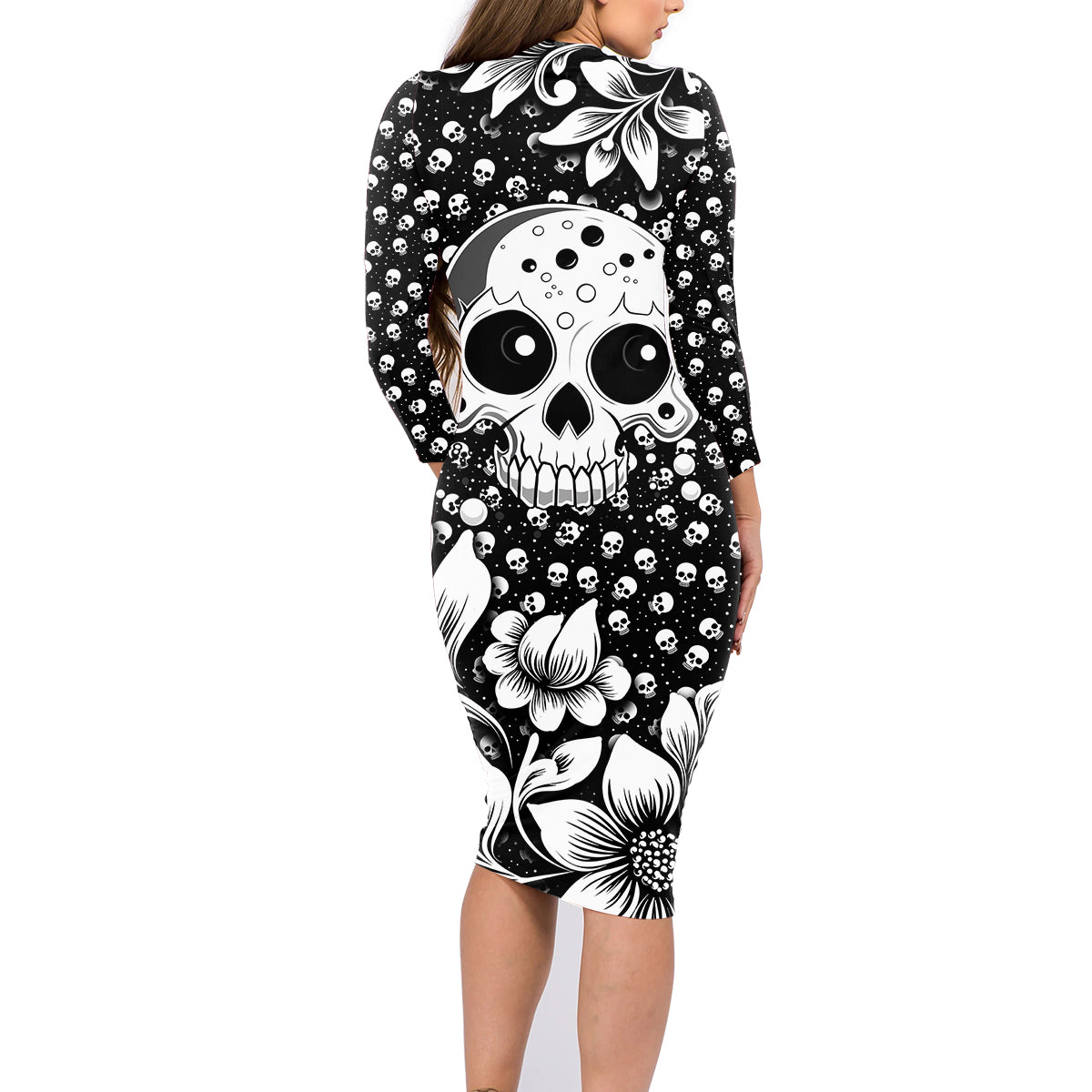 Skull Family Matching Long Sleeve Bodycon Dress and Hawaiian Shirt Cute Skull Fun and Floral - Wonder Print Shop