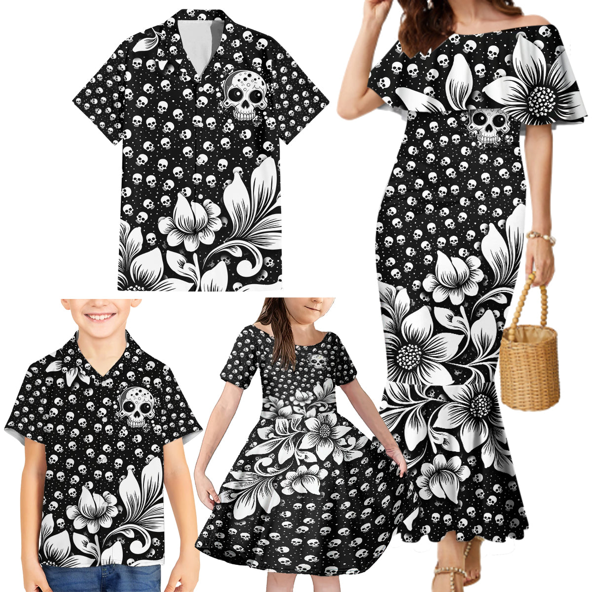 Skull Family Matching Mermaid Dress and Hawaiian Shirt Cute Skull Fun and Floral - Wonder Print Shop