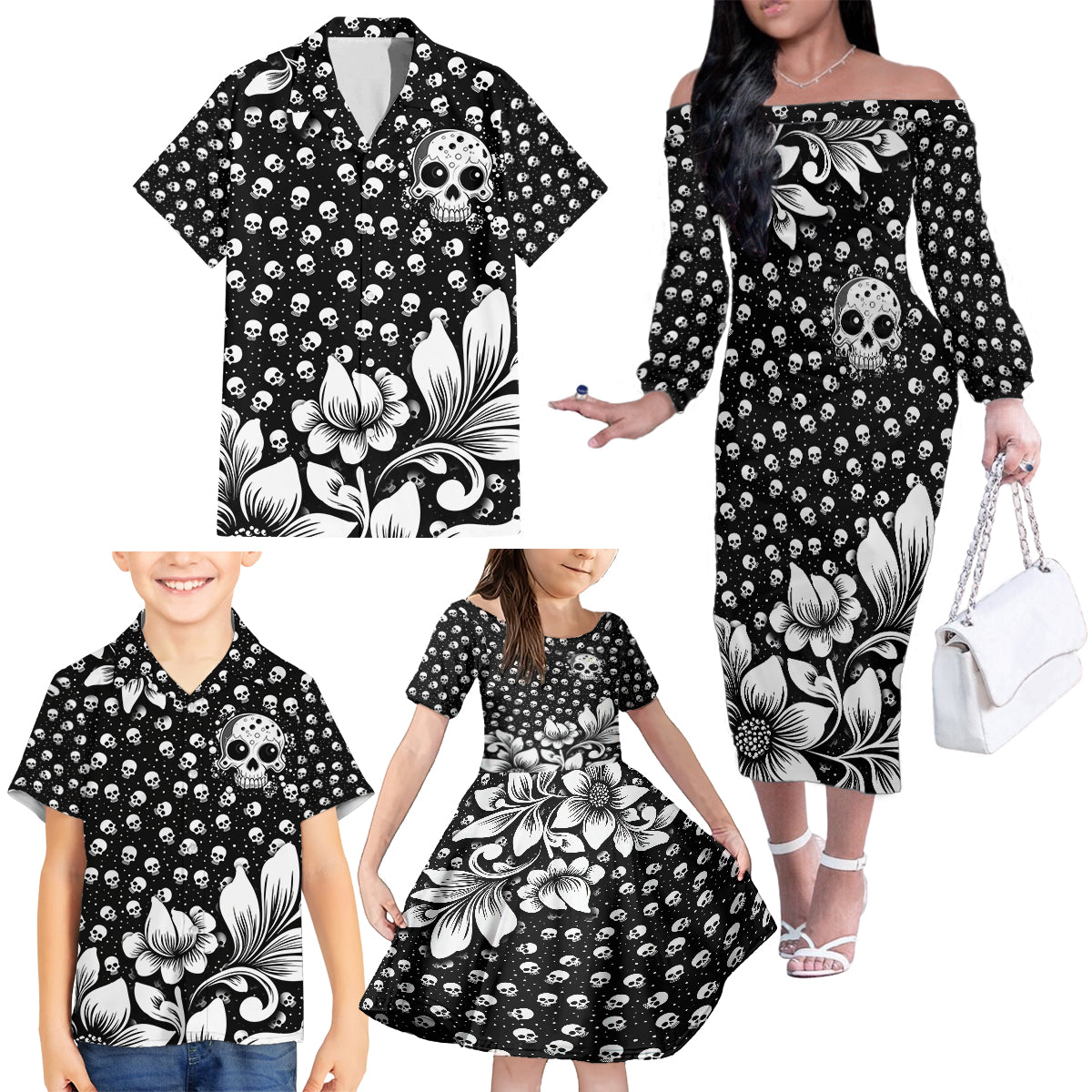 Skull Family Matching Off Shoulder Long Sleeve Dress and Hawaiian Shirt Cute Skull Fun and Floral - Wonder Print Shop