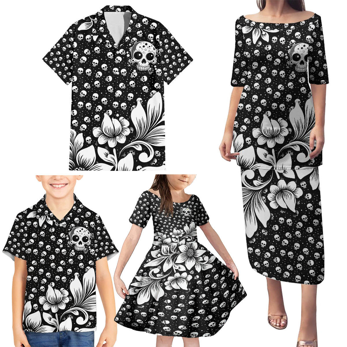 Skull Family Matching Puletasi Dress and Hawaiian Shirt Cute Skull Fun and Floral - Wonder Print Shop