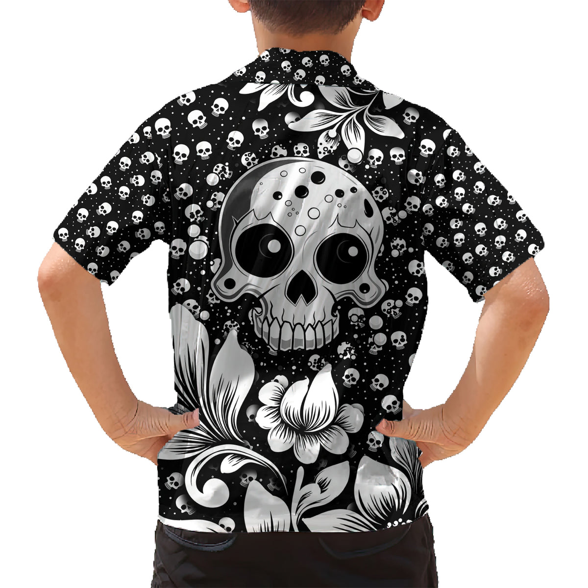 Skull Family Matching Short Sleeve Bodycon Dress and Hawaiian Shirt Cute Skull Fun and Floral - Wonder Print Shop