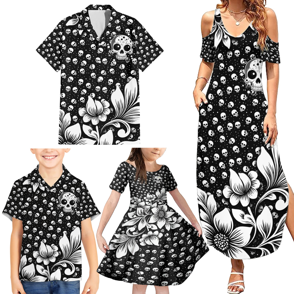Skull Family Matching Summer Maxi Dress and Hawaiian Shirt Cute Skull Fun and Floral - Wonder Print Shop