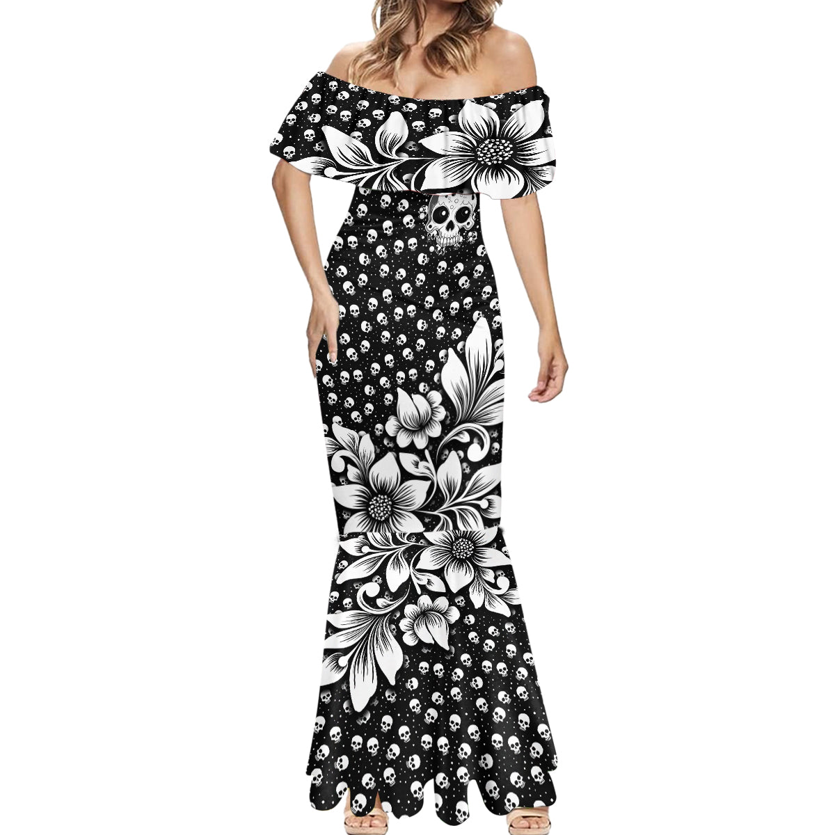 Skull Mermaid Dress Cute Skull Fun and Floral - Wonder Print Shop