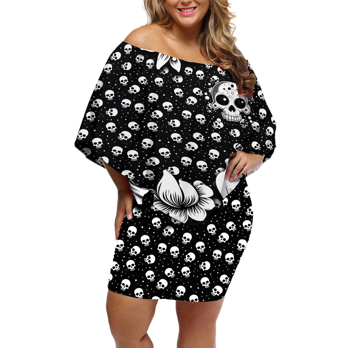 Skull Off Shoulder Short Dress Cute Skull Fun and Floral - Wonder Print Shop