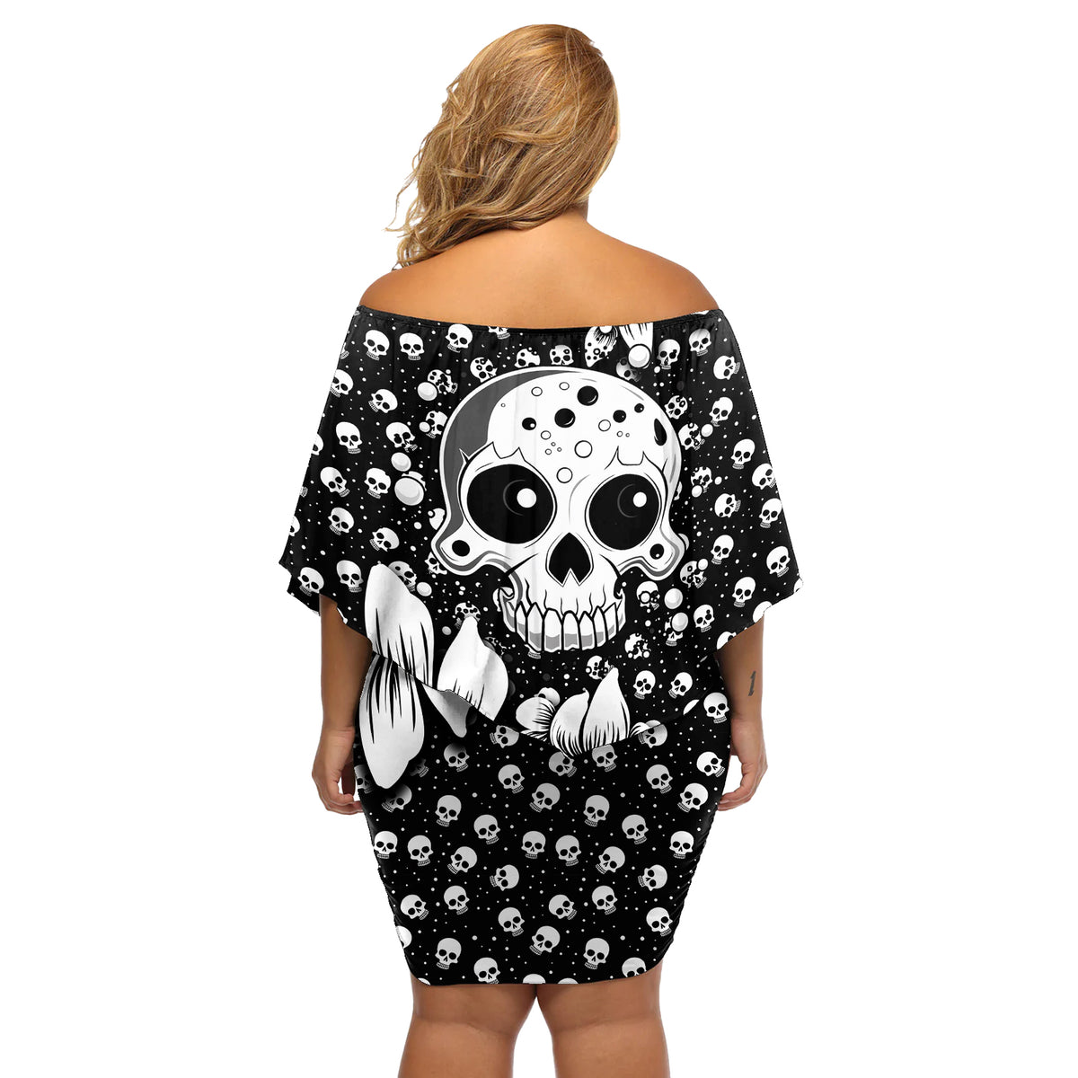 Skull Off Shoulder Short Dress Cute Skull Fun and Floral - Wonder Print Shop