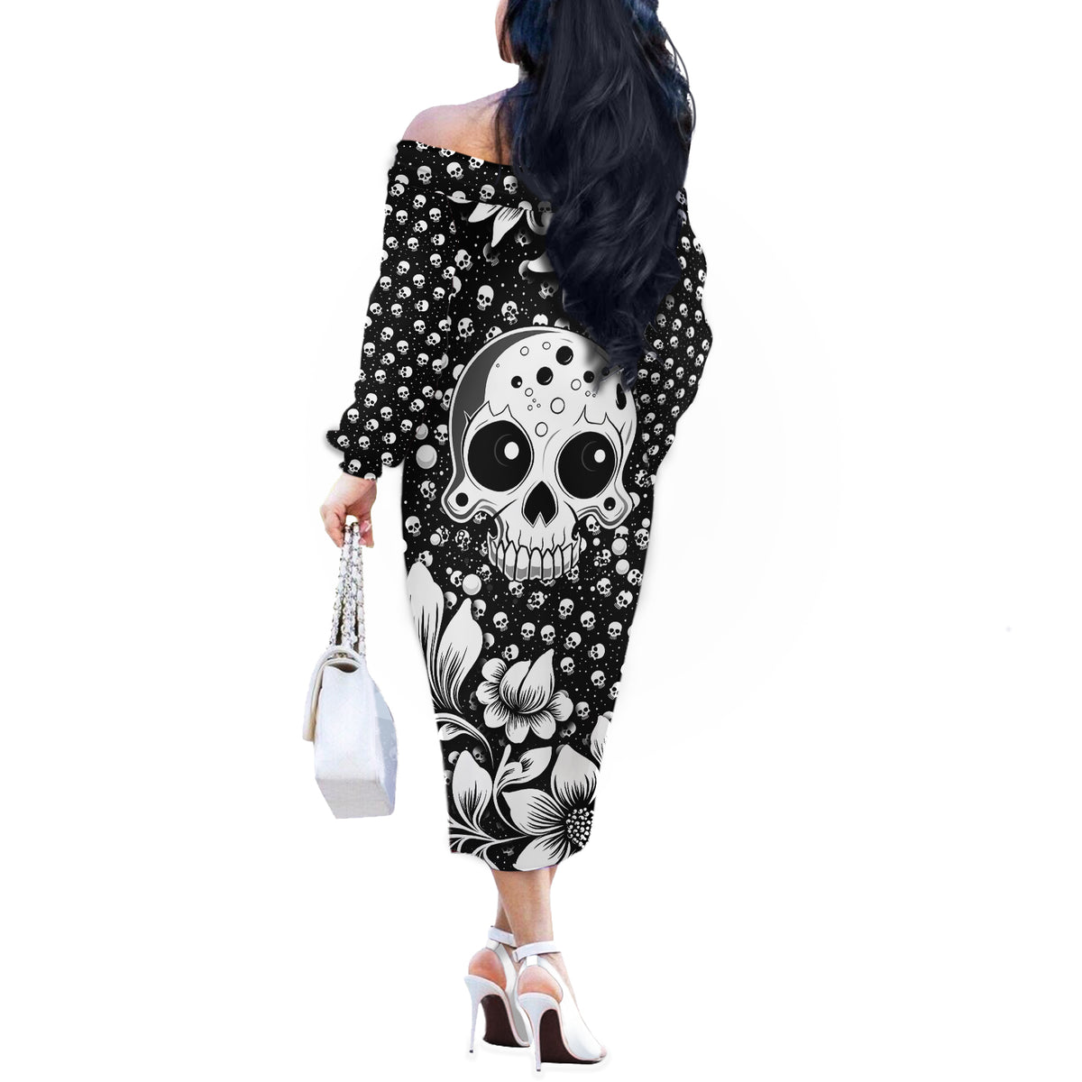 Skull Off The Shoulder Long Sleeve Dress Cute Skull Fun and Floral - Wonder Print Shop