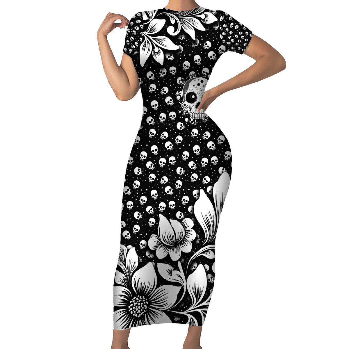 Skull Short Sleeve Bodycon Dress Cute Skull Fun and Floral - Wonder Print Shop