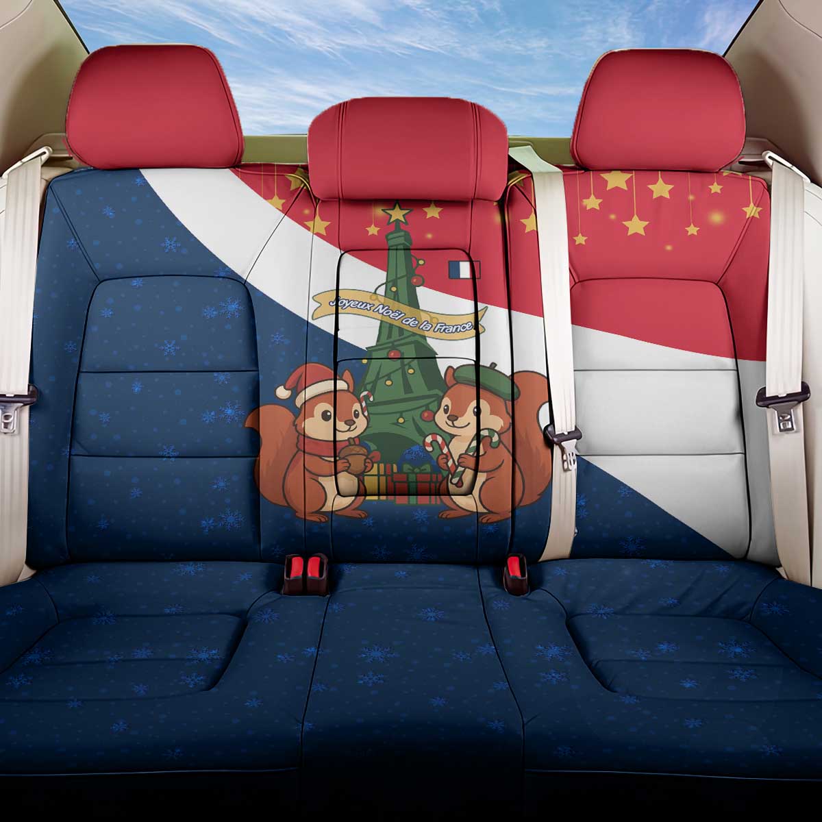France Christmas Back Car Seat Cover with Eiffel Tower Chipmunks Candy Canes and Starry Night Design - Wonder Print Shop