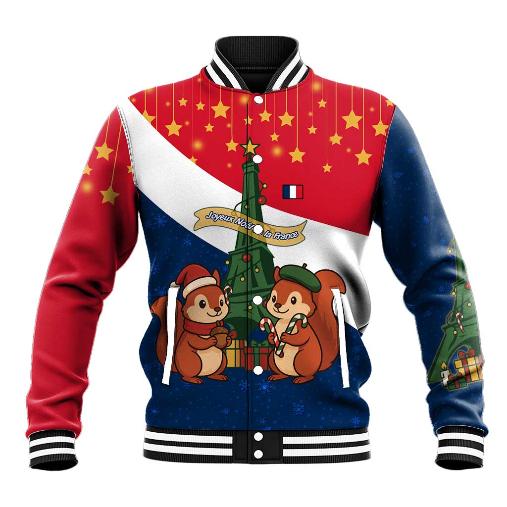 France Christmas Baseball Jacket with Eiffel Tower Chipmunks Candy Canes and Starry Night Design - Wonder Print Shop