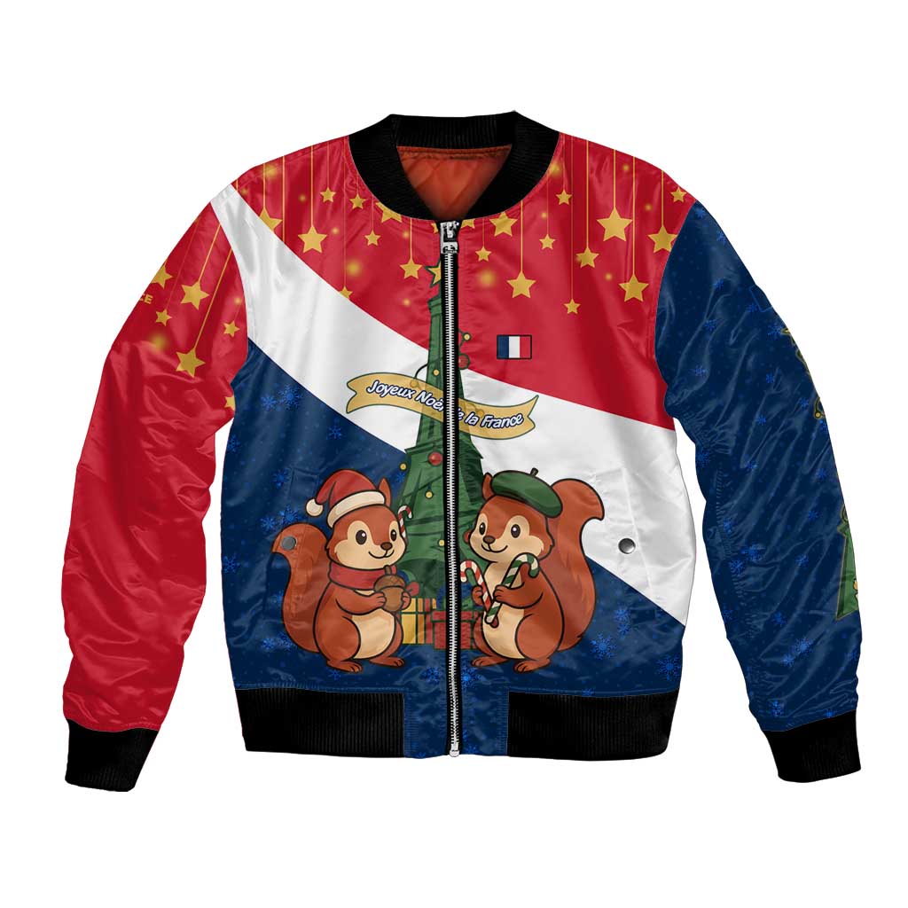 France Christmas Bomber Jacket with Eiffel Tower Chipmunks Candy Canes and Starry Night Design - Wonder Print Shop