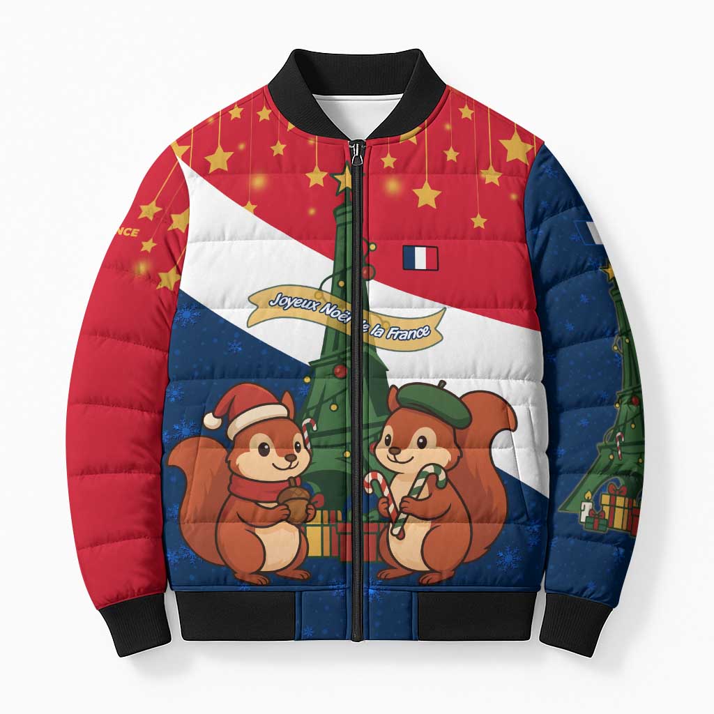France Christmas Bomber Puffer Jacket with Eiffel Tower Chipmunks Candy Canes and Starry Night Design - Wonder Print Shop