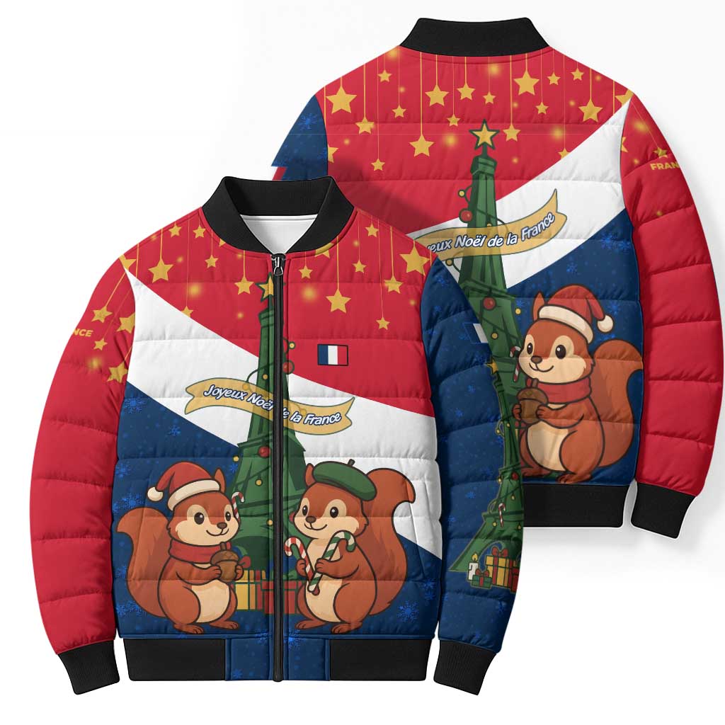 France Christmas Bomber Puffer Jacket with Eiffel Tower Chipmunks Candy Canes and Starry Night Design - Wonder Print Shop
