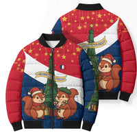 France Christmas Bomber Puffer Jacket with Eiffel Tower Chipmunks Candy Canes and Starry Night Design - Wonder Print Shop