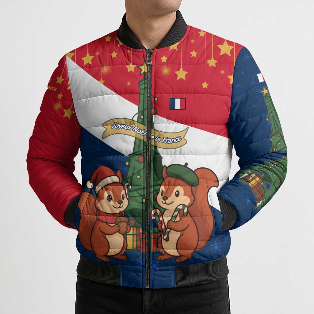 France Christmas Bomber Puffer Jacket with Eiffel Tower Chipmunks Candy Canes and Starry Night Design - Wonder Print Shop