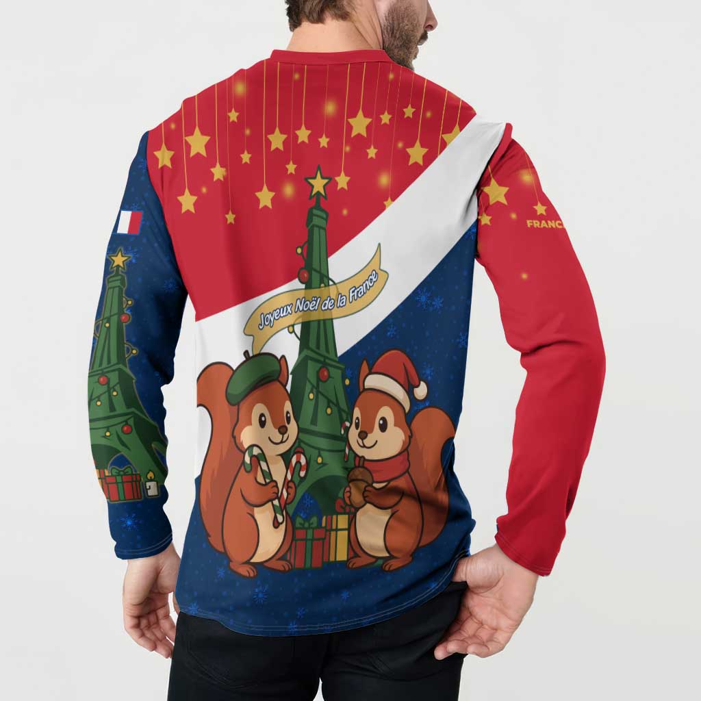 France Christmas Button Sweatshirt with Eiffel Tower Chipmunks Candy Canes and Starry Night Design - Wonder Print Shop