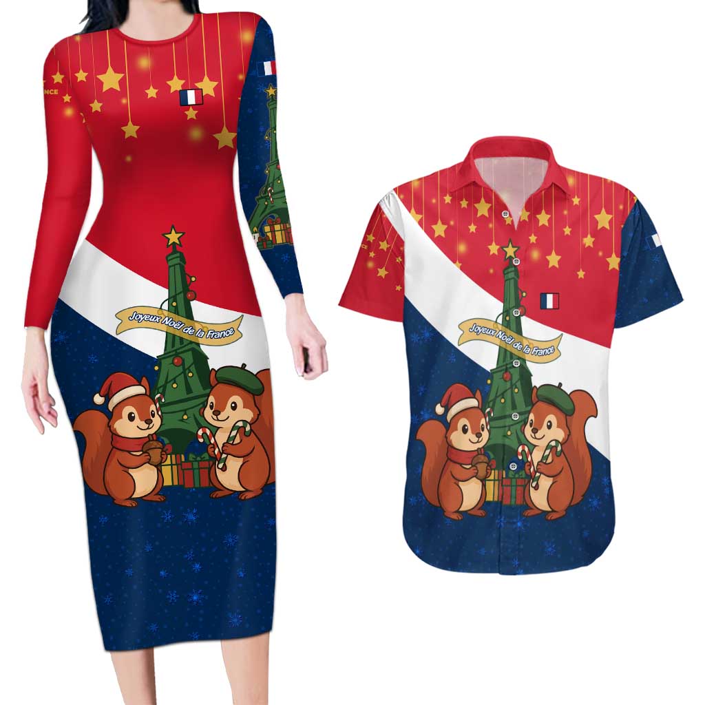 France Christmas Couples Matching Long Sleeve Bodycon Dress and Hawaiian Shirt with Eiffel Tower Chipmunks Candy Canes and Starry Night Design - Wonder Print Shop